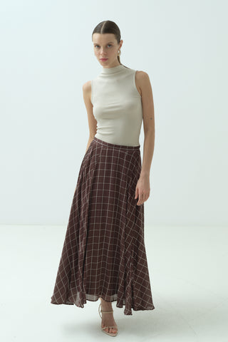 Kareli Şifon Saten Etek Kahverengi