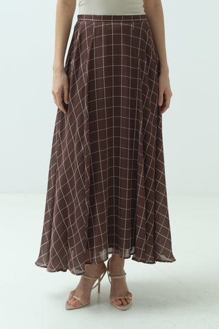 Kareli Şifon Saten Etek Kahverengi