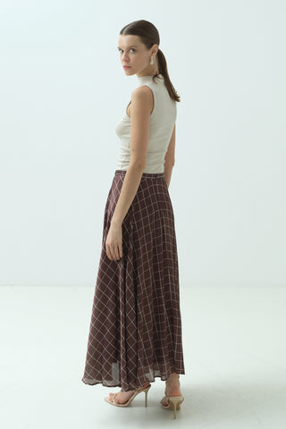 Kareli Şifon Saten Etek Kahverengi