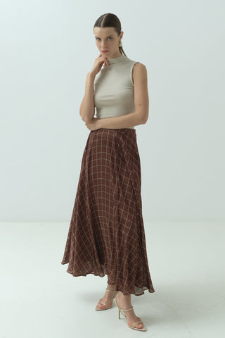 Kareli Şifon Saten Etek Taba