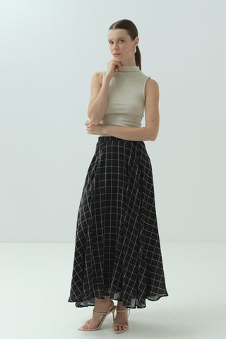 Kareli Şifon Saten Etek Siyah