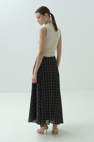 Kareli Şifon Saten Etek Siyah