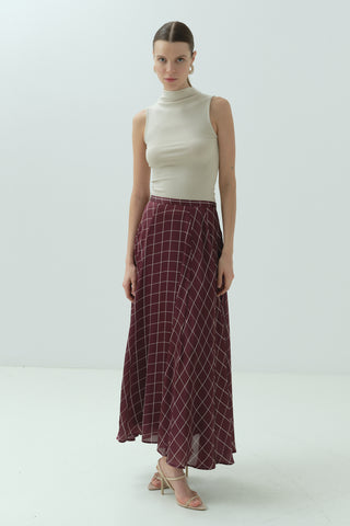 Kareli Şifon Saten Etek Bordo