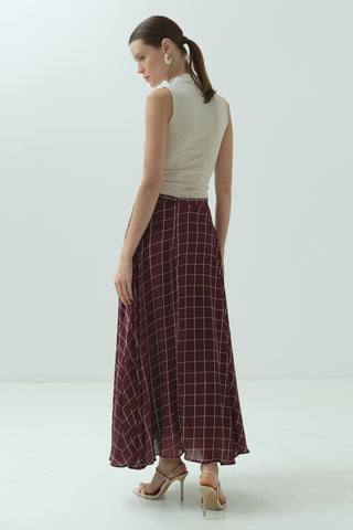 Kareli Şifon Saten Etek Bordo