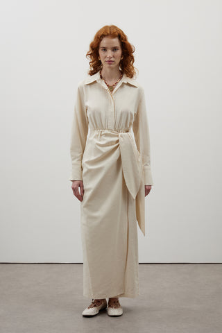 Bej Bağlamalı Keten Elbise - Fushya Online