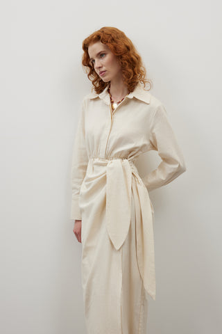 Bej Bağlamalı Keten Elbise - Fushya Online