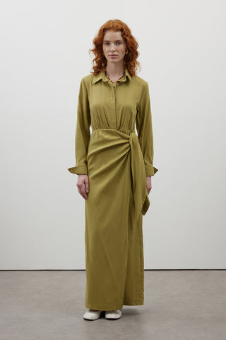 Yağ Yeşili Bağlamalı Keten Elbise - Fushya Online