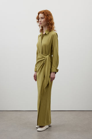 Yağ Yeşili Bağlamalı Keten Elbise - Fushya Online