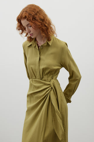 Yağ Yeşili Bağlamalı Keten Elbise - Fushya Online