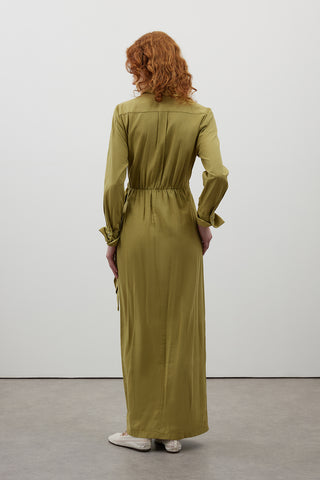 Yağ Yeşili Bağlamalı Keten Elbise - Fushya Online