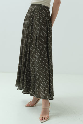 Kareli Şifon Saten Etek Haki