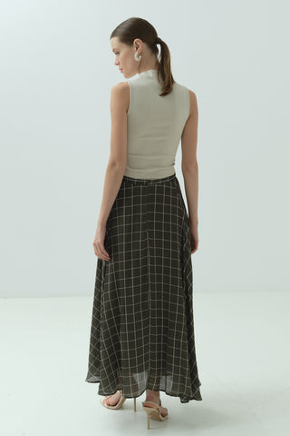 Kareli Şifon Saten Etek Haki