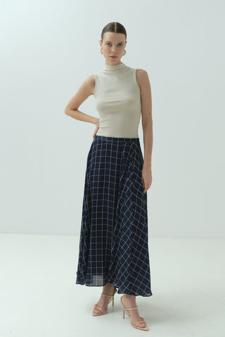 Kareli Şifon Saten Etek Lacivert