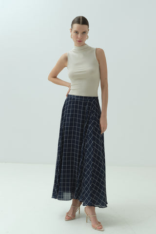 Kareli Şifon Saten Etek Lacivert