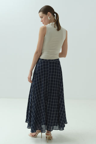 Kareli Şifon Saten Etek Lacivert