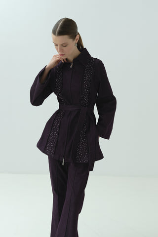 Taş Detaylı Fermuarlı Pantolonlu Takım Burgonya