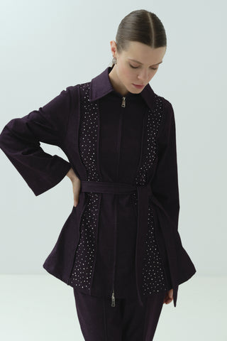 Taş Detaylı Fermuarlı Pantolonlu Takım Burgonya