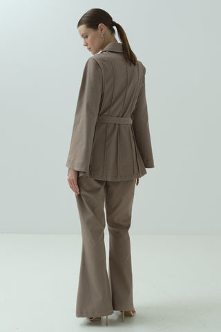 Taş Detaylı Fermuarlı Pantolonlu Takım Vizon