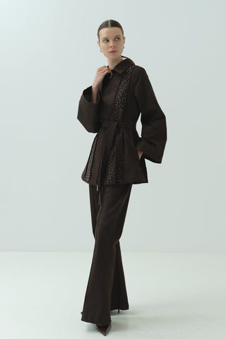 Taş Detaylı Fermuarlı Pantolonlu Takım Kahverengi