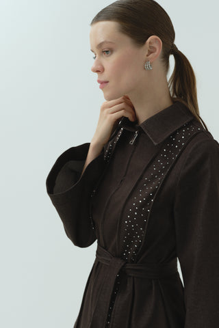 Taş Detaylı Fermuarlı Pantolonlu Takım Kahverengi