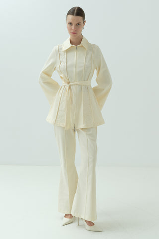 Taş Detaylı Fermuarlı Pantolonlu Takım Sarı