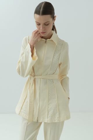 Taş Detaylı Fermuarlı Pantolonlu Takım Sarı