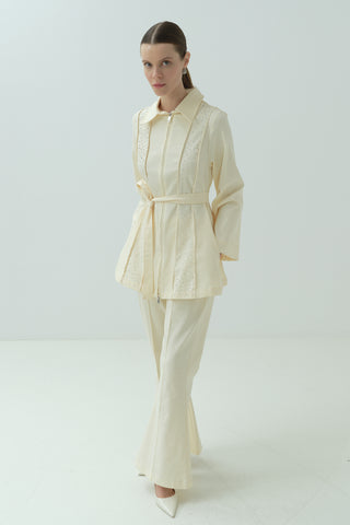 Taş Detaylı Fermuarlı Pantolonlu Takım Sarı