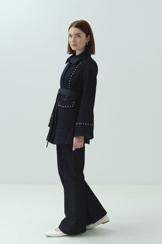 Taş Detaylı Pantonlu Takım Lacivert