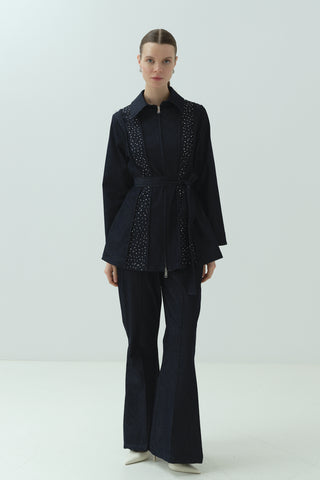 Taş Detaylı Fermuarlı Pantolonlu Takım Lacivert