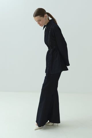 Taş Detaylı Fermuarlı Pantolonlu Takım Lacivert