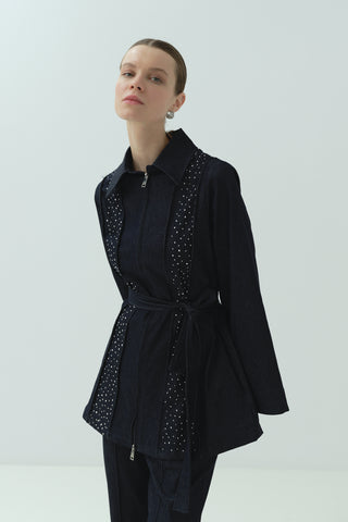 Taş Detaylı Fermuarlı Pantolonlu Takım Lacivert