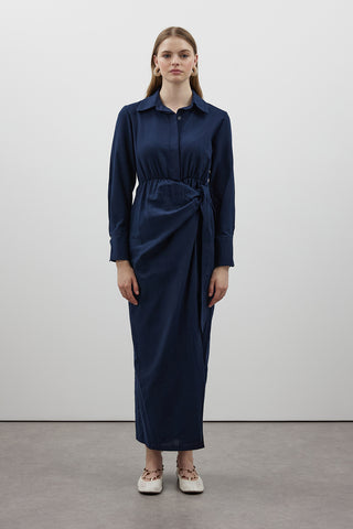 Lacivert Bağlamalı Keten Elbise - Fushya Online