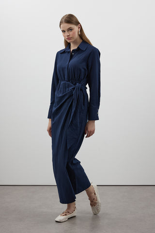 Lacivert Bağlamalı Keten Elbise - Fushya Online
