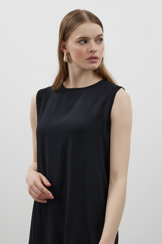 Siyah Uzun Kesim Naturel Keten İçlik - Fushya Online