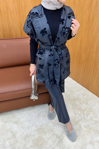 Lacivert Flok Baskılı Süet Deri Yelek