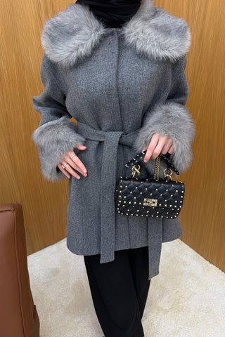 Antrasit Kürk Detaylı Kaşe Kaban