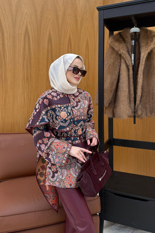 Bordo Etnik Desen Jakarlı Ceket