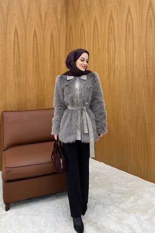 Gri Deri Yaka Detaylı Düğmeli Kürk Mont