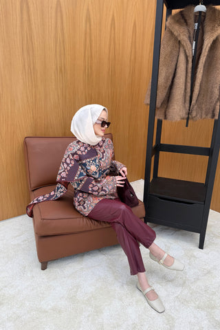 Bordo Etnik Desen Jakarlı Ceket