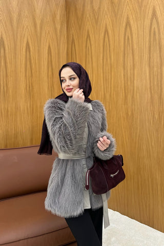 Gri Deri Yaka Detaylı Düğmeli Kürk Mont