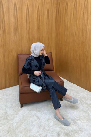 Lacivert Flok Baskılı Süet Deri Yelek