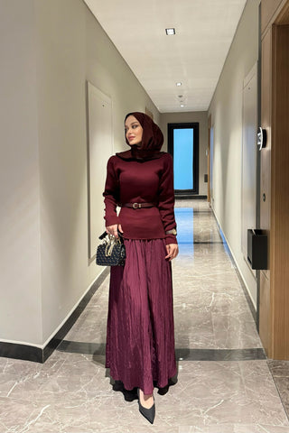 Bordo Büzgülü Etekli Triko Takım