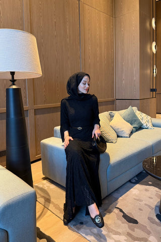 Kemerli Likralı Dantel Elbise Siyah