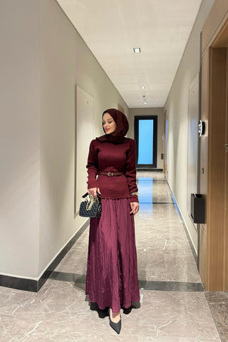 Bordo Büzgülü Etekli Triko Takım