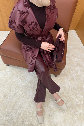 Bordo Flok Baskılı Süet Deri Yelek