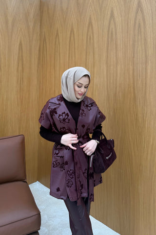 Bordo Flok Baskılı Süet Deri Yelek