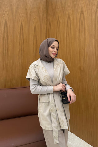 Bej Flok Baskılı Süet Deri Yelek