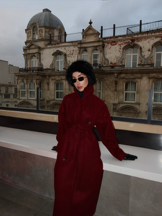 Bordo Düğmeli Düşük Omuz Kaşe Kaban