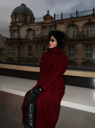 Bordo Düğmeli Düşük Omuz Kaşe Kaban