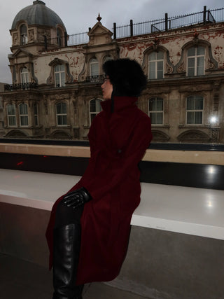 Bordo Düğmeli Düşük Omuz Kaşe Kaban